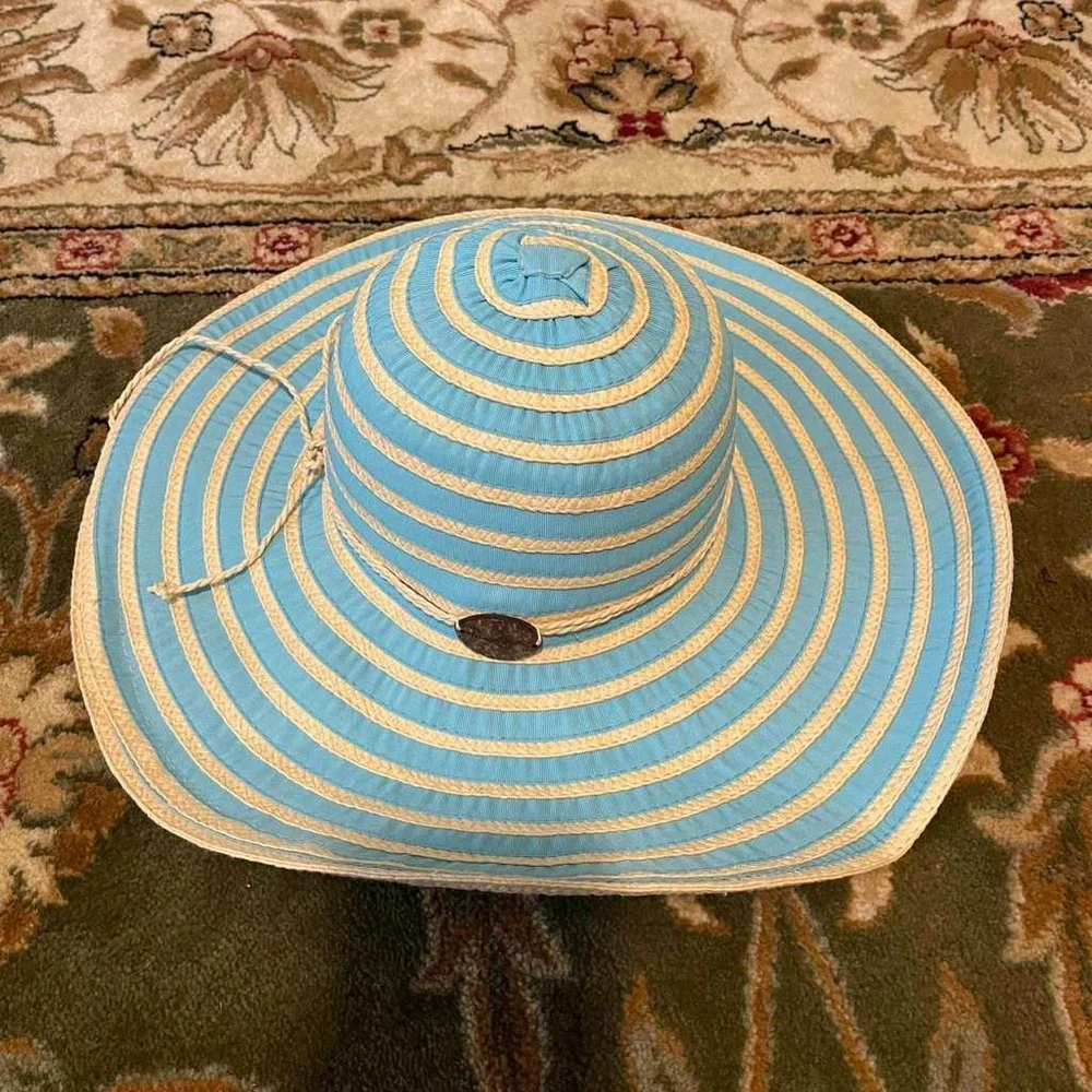Panama Jack Womens Blue Cream Striped Wide‎ Brim Floppy Sun Beach Hat One Size